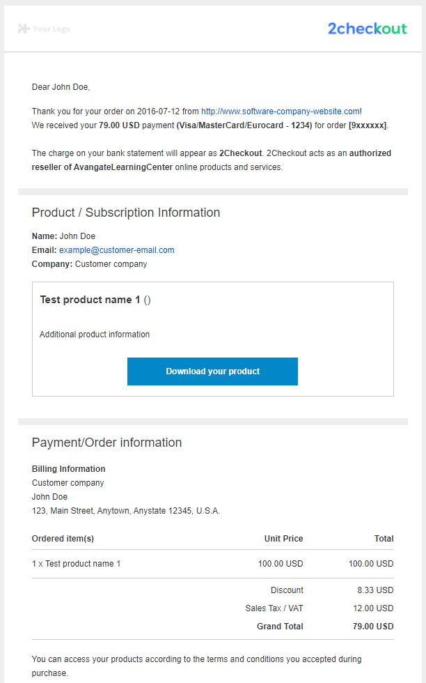 Electronic delivery and payment receipt Documentation 2Checkout